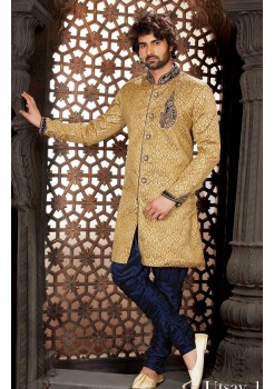 Designer Biscuit Cream Gold Indo Western Sherwani3